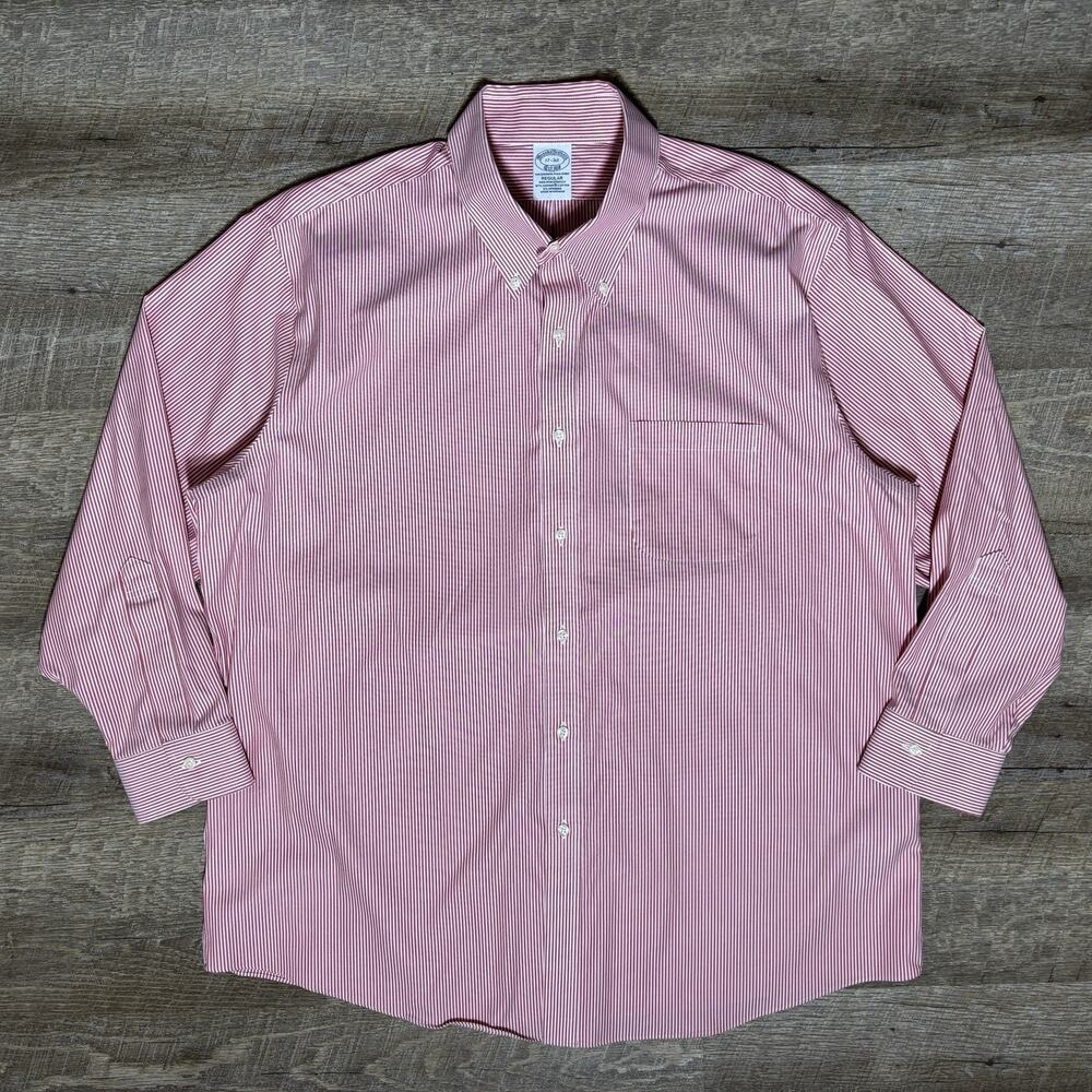 Brooks Brothers Stiped Button Up Shirt Men's 17-32 Red White Chest Pocket Preppy